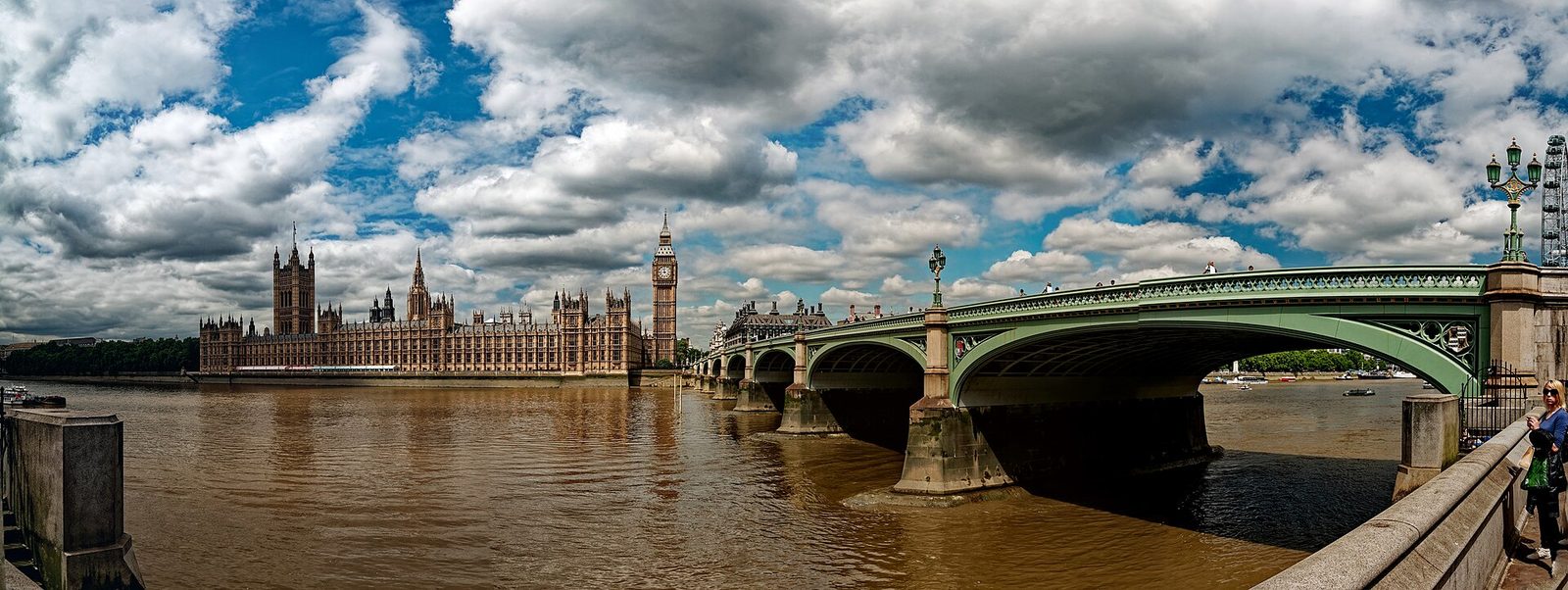 Panorama of Westminster Bridge and the Palace of Westminster in London, with the London Eye at the edge of the frame