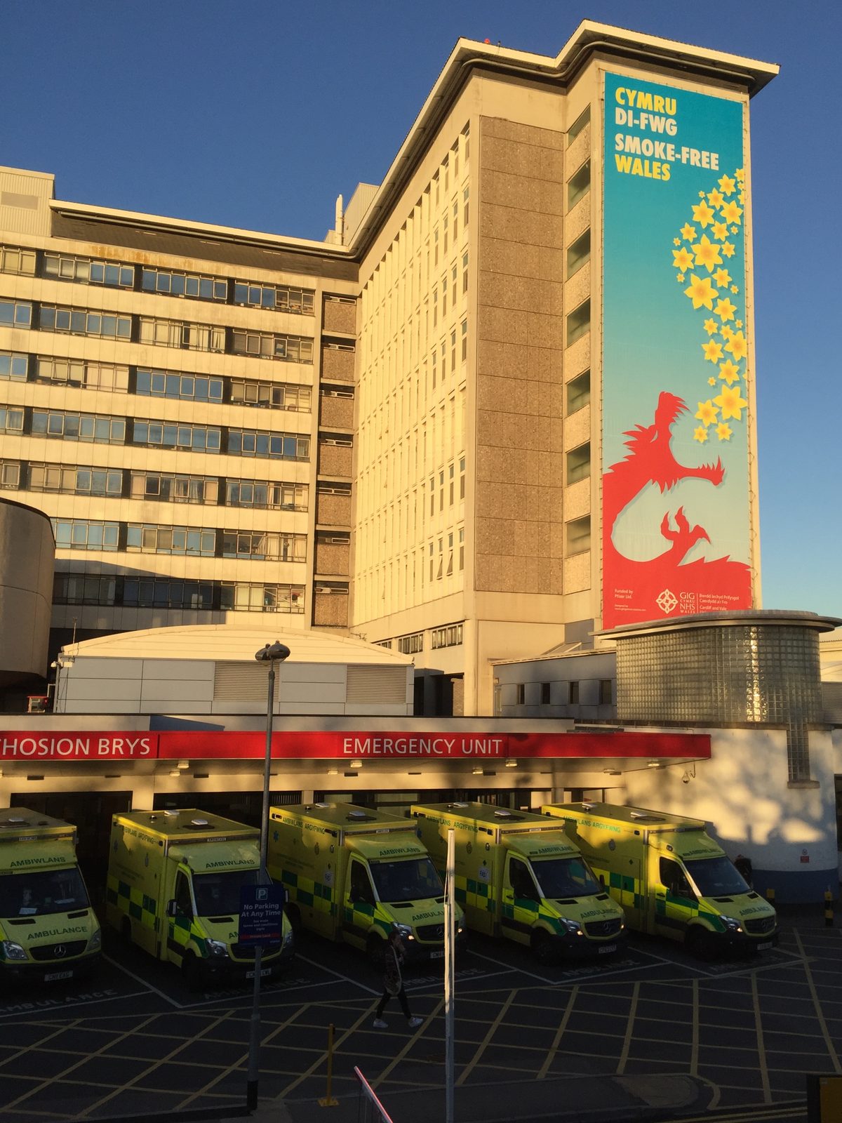 Ambulances parked outside the Emergency Unit at the University Hospital of Wales in Cardiff