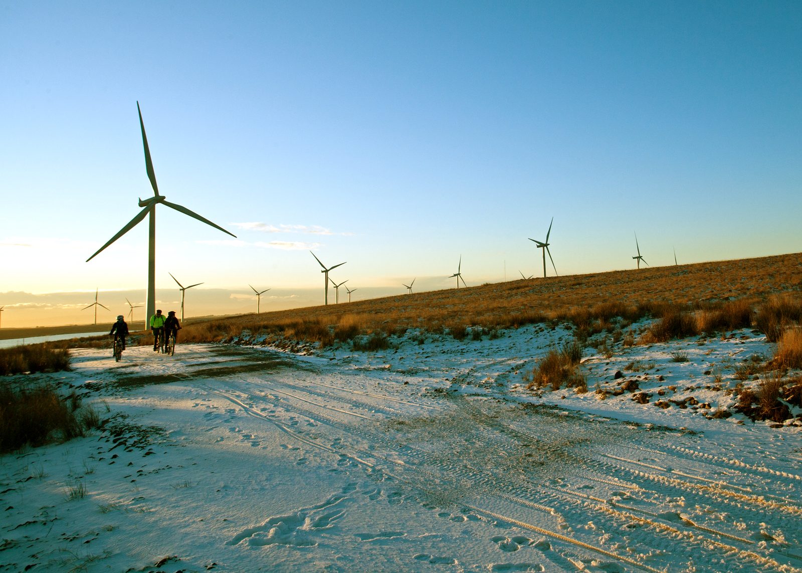 Wind turbines at Whitelee Wind Farm in Scotland in winter snow, with cyclists on a track in the distance