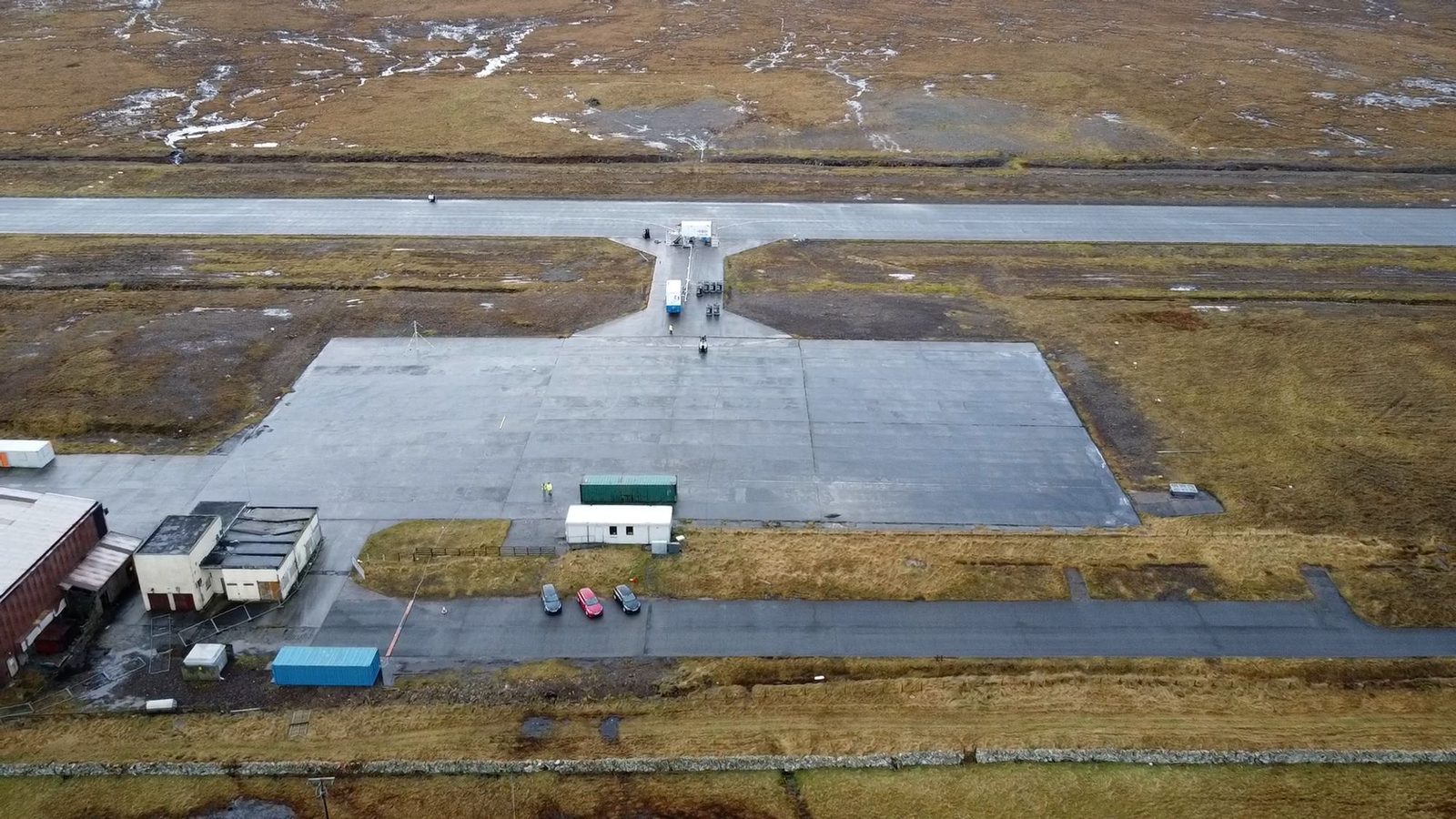 Aerial view of the test zone and runway at SaxaVord Spaceport in Shetland