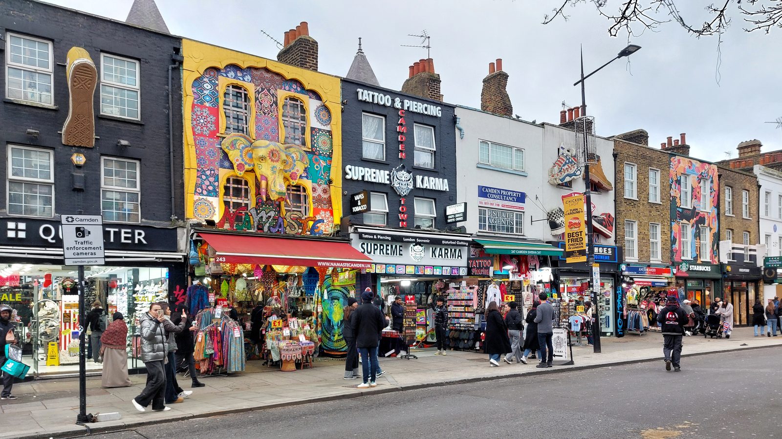 Camden High Street with its colourful shopfronts and market stalls
