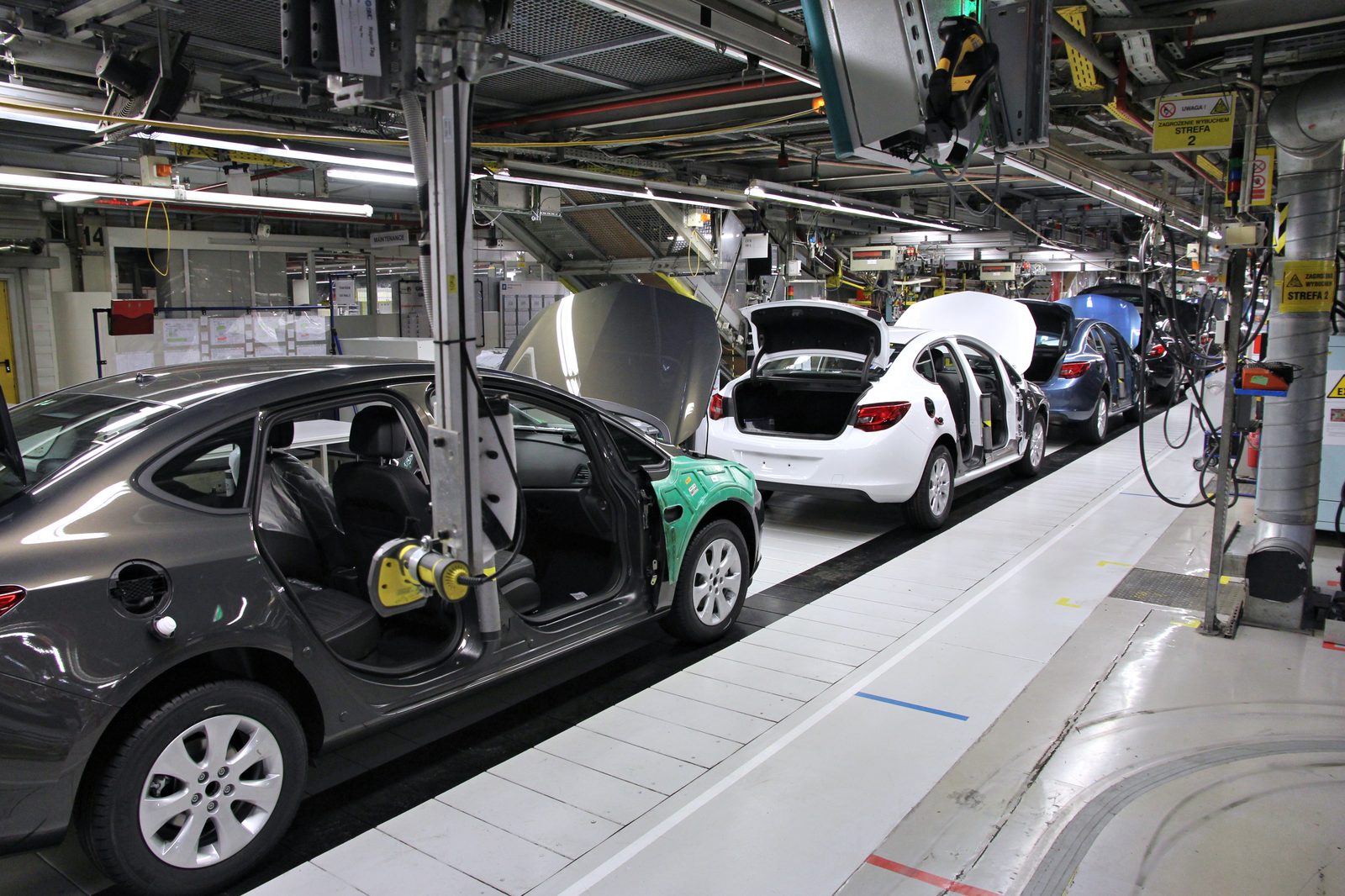 Cars on the assembly line at a European car factory