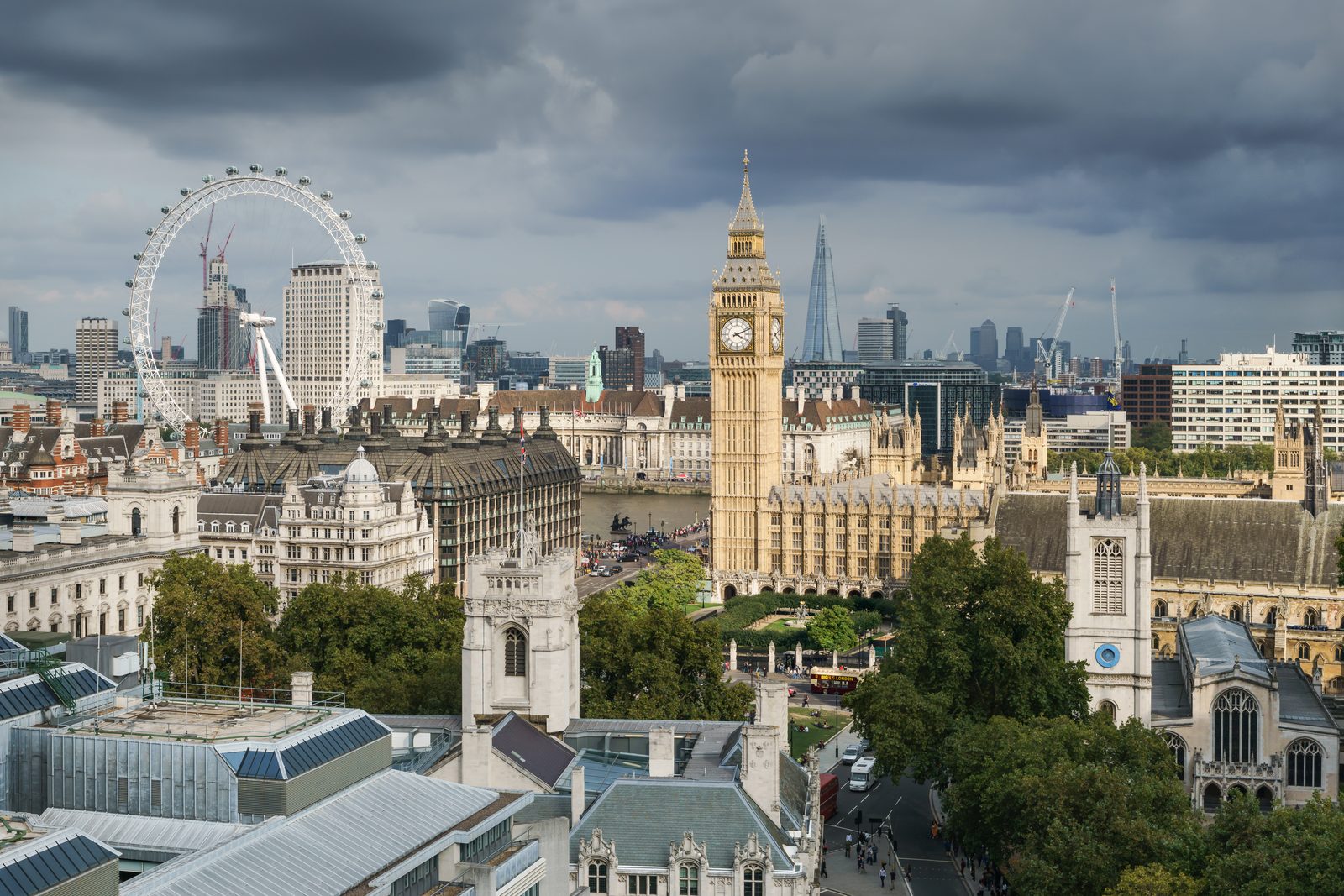 The Palace of Westminster and the Elizabeth Tower, with the London Eye and Westminster Abbey