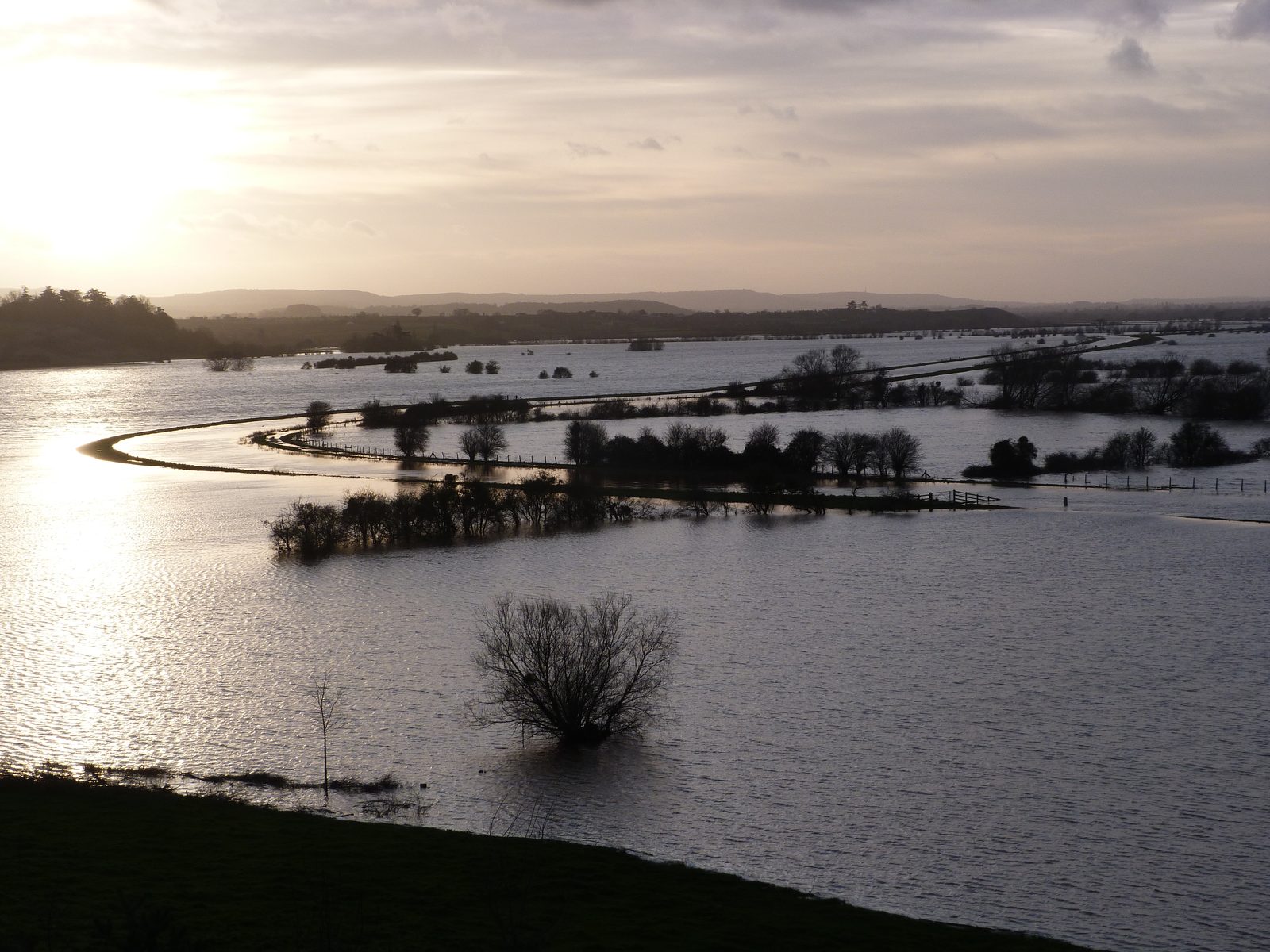 The River Tone in flood, with water covering fields and trees in Somerset