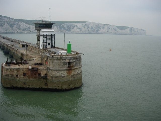 The white cliffs beyond the harbour at Dover