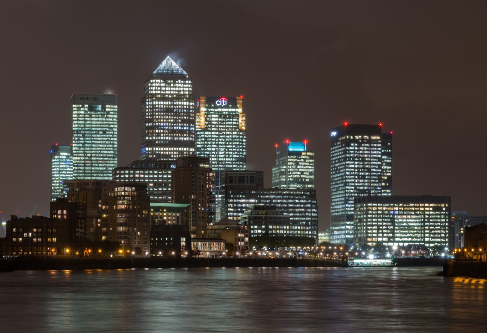 The Canary Wharf skyline at night